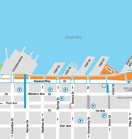 Map showing construction work zones between Columbia and Pike streets on the waterfront. Between Columbia and Union streets the work zone is on the west side. On the east side of Alaskan Way there is a work zone between Columbia and Marion streets and on the south side of Marion St. There is a work zone at Union St between Alaskan Way and Western Ave. North of Union St traffic shifts from the east side of the road to the west side of the road. Between Union and Pike streets the work zone is on the east side of the road.